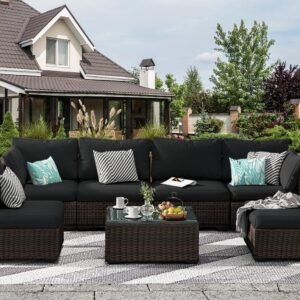 7 Patio Outdoor Furniture Wicker Sectional Sofa Couch Lawn Sectional, Black